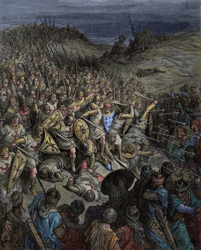 Keskiaika: Ensimmäinen ristiretki. Godefroy de Bouillonin ristiretke voitti sulttaani Kilij Arslan a Doryleen (Dorylaeum, Dorylaion) muslimijoukot (Rumin sulttaanikunnan turkkilaiset) Vähä-Aasiassa tekijältä Gustave Dore