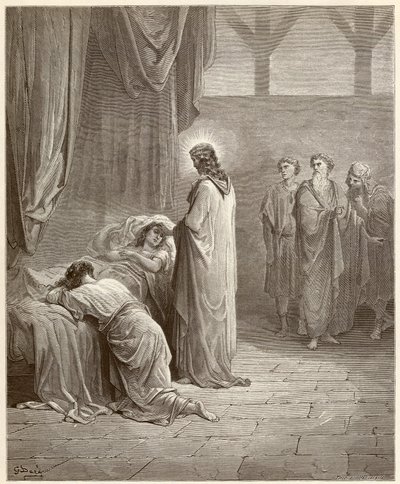 Ihme: Jeesus Kristus paransi Jairen tyttären (Jairus tai Jairos). Gustave Doren (1832-1883) kuvittama kaiverrus Raamatusta tekijältä Gustave Dore