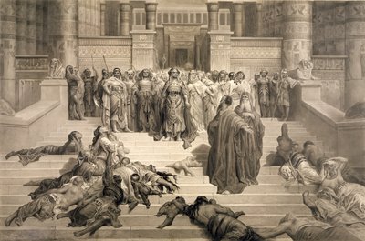 Mooses faraon edessä (hiilen, kynän ja musteen pesu paperille) tekijältä Gustave Dore