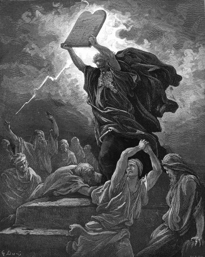 Mooses rikkoo lain tauluja kaivertaen. - Raamattu tekijältä Gustave Dore