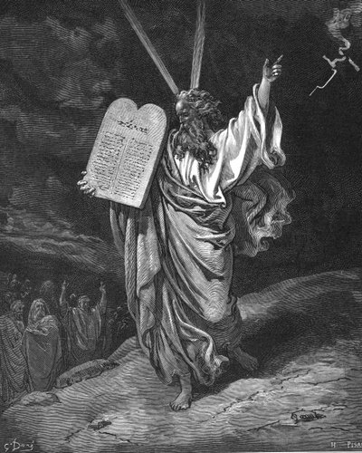 Mooses laskeutui Siinain vuorelta lakitaulujen kanssa (Kymmenen käskyä). Mooseksen kirja 5.35. Gustave Doren (1832-1883) kuvitus raamatulle The Bible (Lontoo 1866). Puunkaiverrus. tekijältä Gustave Dore