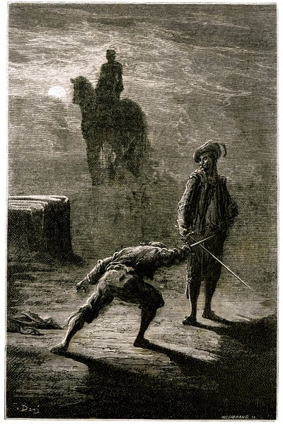 Yöllinen kaksintaistelu kuunvalossa paroni de Sigognacin ja Jacquemin Lampourden välillä pronssikuninkaan ratsastajapatsaan alla. Gustave Doren kaiverrus, joka kuvittaa Theophile Gautier