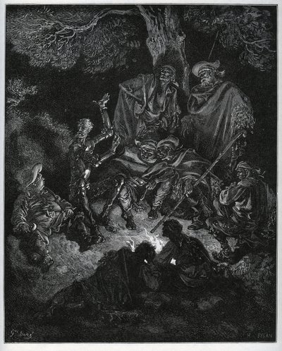 Yövalo, jossa Don Quijote kertoo maailman tarinan vuohille ja Sancho Panzalle - Miguel Cervantesin (1547-1616) "Don Quijote de la Manchasta" (Don Quijote) - Gustave Doren piirtämän puupiirros tekijältä Gustave Dore