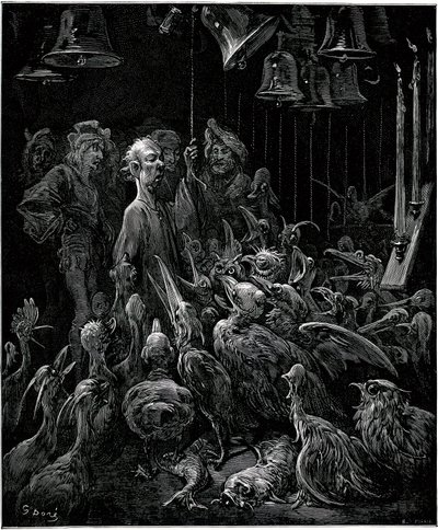 Sonnante-saarella Panurge saa linnut laulamaan soittamalla kelloja - Gustave Doren kuvitus Francois Rabelais