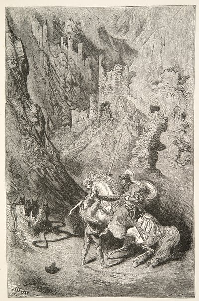Matkalla Vihreään kappeliin, Charles Henry Hansonin kirjoittamasta Charles Henry Hansonin tarinoita kuningas Arthurin päivistä, julkaisu 1898. tekijältä Gustave Dore