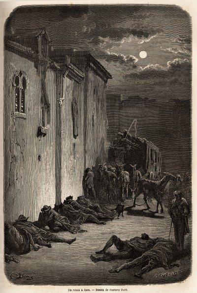 Yksi yö viestissä Jaenissa. Gustave Doren (1832-1883) piirros havainnollistaa hänen matkaansa Espanjaan vuonna 1862 Ch. Davillier. Kaiverrus kirjassa "" Le tour du monde", toimittanut Edouard Charton tekijältä Gustave Dore