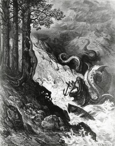 Orlando taistelee örkkiä vastaan, The Frenzy of Orlando, kirjoittanut Paul Gustave Dore, kuvitus tekijältä Gustave Dore