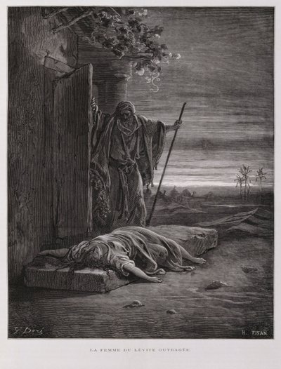 Gibean raivostuminen, leeviläinen kantaa kuolleen jalkavaimonsa pois, kuvitus Dore Bible -teoksesta. tekijältä Gustave Dore