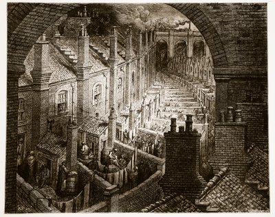 Yli Lontoon - Rautateitse, "London, pyhiinvaellus", kirjoittanut William Blanchard Jerrold (1826-94) ja kaivertanut Pannemaker, pubi. 1872 tekijältä Gustave Dore