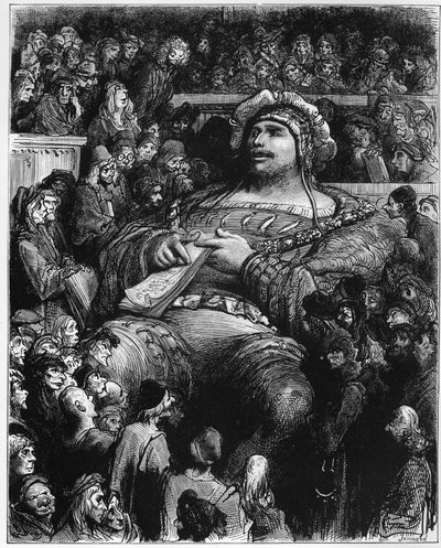 Pantagruel testaa mielensä pariisilaisia tutkijoita vastaan - kuvitus teoksesta "Gargantua ja Pantagruel", kirjoittanut Francois Rabelais - kaiverrus Gustave Doren (1832-1883) tekijältä Gustave Dore