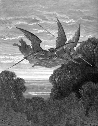 Kadonnut paratiisi: Ithuriel ja Zephon, kirjoittanut Doré. tekijältä Gustave Dore