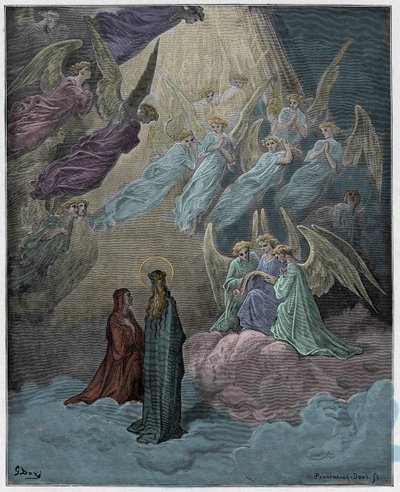 Paradiso, Canto 21: Valoisat sielut laulavat, kuvitus Dante Alighierin "The Divine Comedy" -sarjasta, 1885 tekijältä Gustave Dore