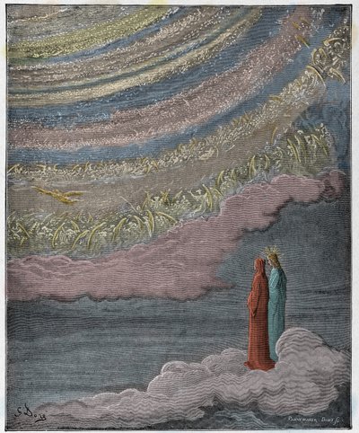 Paradiso, Canto 28: Taivaan säkenöivä joukko, kuvitus Dante Alighierin jumalallisesta komediasta, 1885 tekijältä Gustave Dore