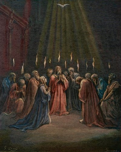 Helluntai - Helluntai (Pyhän Hengen tuleminen) - Helluntai, Pyhän Hengen laskeutuminen, kaiverrus Gustave Dore (1832-1883) - myöhempi väritys tekijältä Gustave Dore