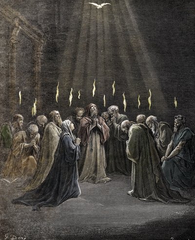 Helluntai, Pyhän Hengen laskeutuminen apostoleille ja muille Jeesuksen Kristuksen seuraajille Gustave Doren (1832-1883) kaiverrus "" La Bible" -yksityiskokoelmasta tekijältä Gustave Dore