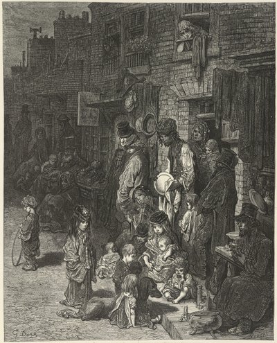Ihmiset seisovat ja istuvat talojensa ulkopuolella, kadulla, "Lontoo: pyhiinvaellus", kirjoittanut William Blanchard Jerrold tekijältä Gustave Dore