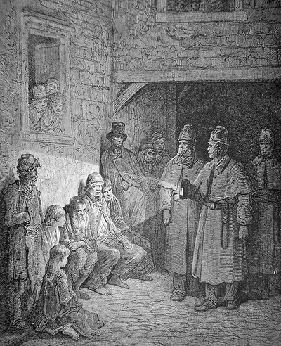 Poliisit partiossa Lontoon Rookeryssa, kaiverrus Stephane Pannemaker (1847-1930) tekijältä Gustave Dore