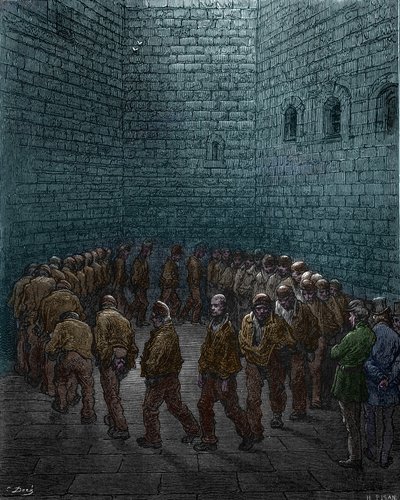 Vangit kiertävät Westgaten vankilan pihalla Lontoossa, Gustave Dore tekijältä Gustave Dore