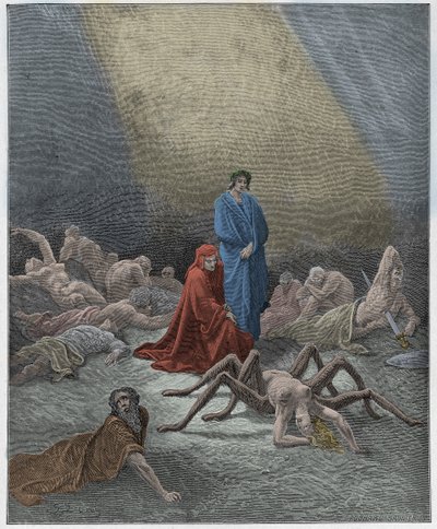 Purgatorio, Canto 12: Dante näkee Arachnen sielun, kuvitus Dante Alighierin "Jumalaisesta komediasta", 1885 tekijältä Gustave Dore