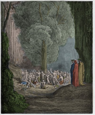 Purgatorio, Canto 24: Ahmattiset sielut huutamassa puun alla, kuvitus Dante Alighierin jumalallisesta komediasta, 1885 tekijältä Gustave Dore