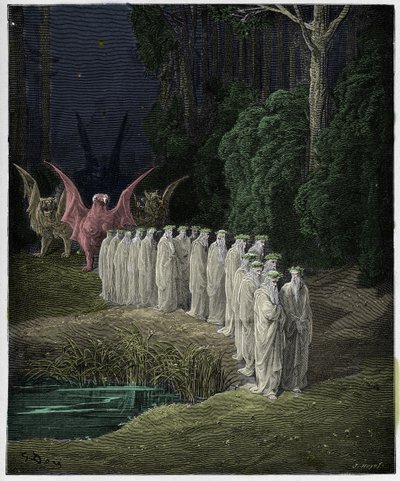 Purgatorio, Canto 29: 24 vanhinta apokalyptisessä kulkueessa, kuvitus Dante Alighierin jumalallisesta komediasta, 1885 tekijältä Gustave Dore