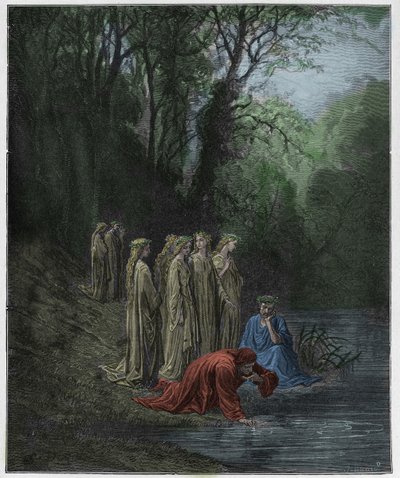 Purgatorio, Canto 33: Dante-juomat Eunoe-joesta, kuvitus Dante Alighierin jumalallisesta komediasta, 1885 tekijältä Gustave Dore
