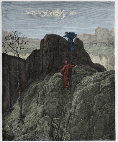 Purgatorio, Canto 4: Vergilius johdattaa Danten ylös karua vuorenrinnettä, kuvitus Dante Alighierin "Jumalaisesta komediasta", 1885 tekijältä Gustave Dore