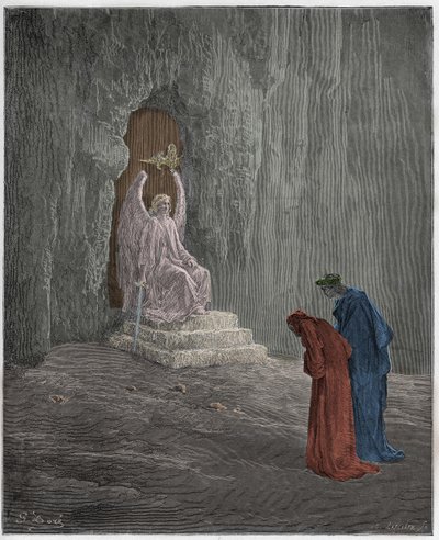 Purgatorio, Canto 9 : Dante ja Vergilius Kiirastustuloksen portaaleissa, kuvitus Dante Alighierin jumalallisesta komediasta, 1885 tekijältä Gustave Dore