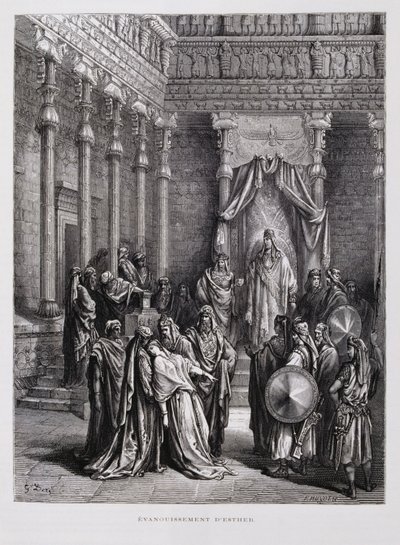 Kuningatar Ester pyörtyy kuninkaan edessä, kuvitus Doren Raamatusta tekijältä Gustave Dore