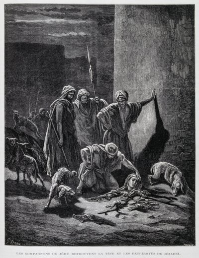 Kuningatar Iisebelin jäännökset sen jälkeen, kun hänet oli heitetty palatsin ikkunoista, kuvitus Doren Raamatusta. tekijältä Gustave Dore
