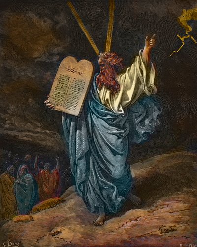 Mooseksen esitys uusien lakitaulujen kanssa Siinain vuorella - kaiverrus Gustave Doren (1832-1883) - myöhempi väritys tekijältä Gustave Dore