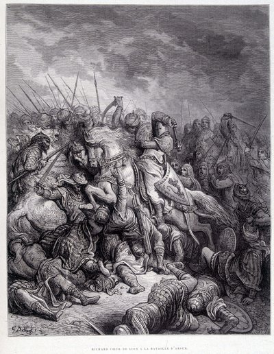 Richard Heart of Lion Arsurin taistelussa – Gustave Dorén kaiverrus tekijältä Gustave Dore