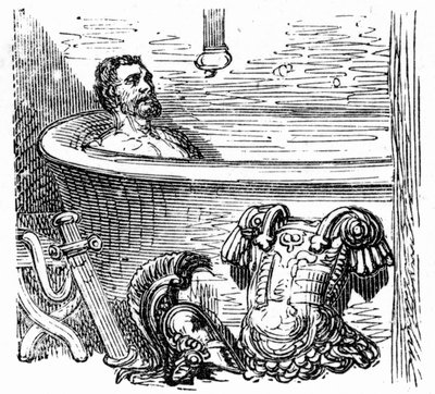 Roomalainen sotilas uimassa Bagneres de Bigorren kylpylässä: Gustave Doren kaiverrus, joka kuvittaa Hippolyte Tainen kirjaa "Voyage aux Pyrenees", Hachette 1860. tekijältä Gustave Dore