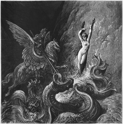 Ruggiero pelastamassa Angelicaa, Ludovico Arioston (1474-1533) Orlando Furioson kantosta X, julkaistu 1888, Pariisi (kaiverrus) tekijältä Gustave Dore