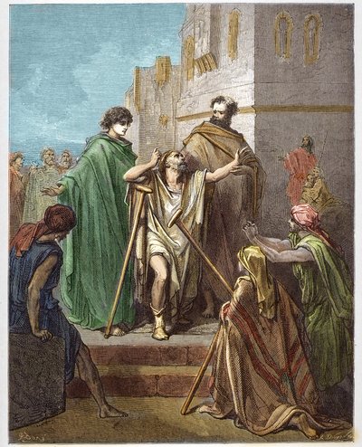 Pyhä Pietari ja pyhä Johannes parantavat terää - Ontuvan Guerison - Pyhä Pietari, pyhän Johanneksen seurassa, taisteli ihmeellisesti rampaa miestä vastaan Jerusalemissa - - kaiverrus Gustave Doren (1832-1883) "The Bible illustree" -kirjaan - Kaiverrus aihe tekijältä Gustave Dore