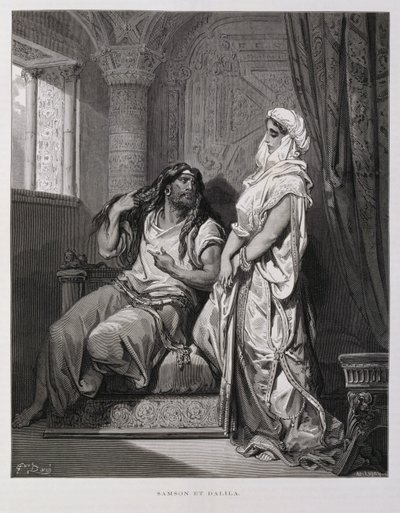 Simson ja Delila, Tuomarien kirjan 16. luku Vanhassa testamentissa, kuvitus Dore Bible -kirjasta. tekijältä Gustave Dore