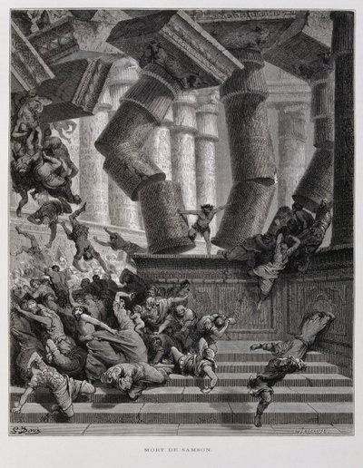 Simson tuhoaa Baalin temppelin, kuvitus Dore Bible -teoksesta. tekijältä Gustave Dore