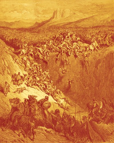 Simson tappaa filistealaiset aasin leukaluulla, kirjoittanut Doré - Raamattu tekijältä Gustave Dore