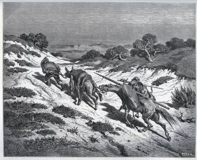 Sancho Panza, Don Quijote ja heidän jalkansa tappion jälkeen Yangereja vastaan - Miguel Cervantesin (1547-1616) "Don Quijote de la Mancha" (Don Quijote) - Gustave Doren piirtämän puupiirros tekijältä Gustave Dore