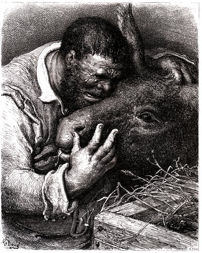 Sancho Panza itkee suudellessaan aasiaan tekijältä Gustave Dore