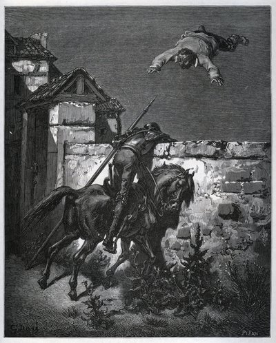 Sancho Panza tulee huijatuksi, eikä Don Quijote voi puuttua asiaan - Miguel Cervantesin (1547-1616) "Don Quijote de la Mancha" (Don Quijote) - Gustave Doren piirtämän puupiirros tekijältä Gustave Dore