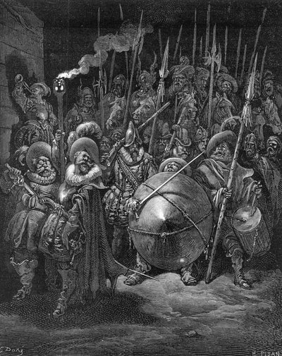 Sancho ja ritarit, Miguel Cervantesin "Don Quijote de la Mancha", kaiverrus Heliodore Joseph Pisan, n. 1875 tekijältä Gustave Dore