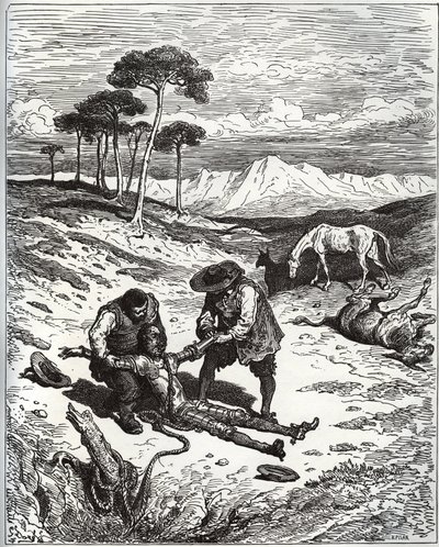 Sancho ja serkku vetävät Don Quijoten (nukkumassa) Montesinoksen luolasta - Miguel Cervantesin (1547-1616) "Don Quijote de la Manchasta" (Don Quijote) - Gustave Doren piirtämän puupiirros tekijältä Gustave Dore
