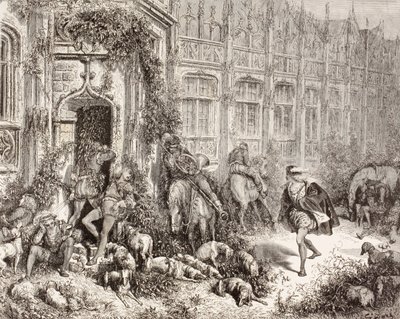 Kohtaus Charles Perraultin Prinsessa olevasta kaunotaresta. El Mundo Ilustradosta, julkaistu Barcelonassa, noin 1880. tekijältä Gustave Dore
