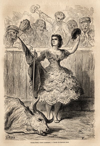 Härkätaistelukohtaus: Teresa Bolsin voitto, andalusialainen torrera, tervehtii häntä Sevillassa ylistänyttä edustajakokousta. Gustave Dore (1832-1883) livenä esittämän sketsin. Kaiverrus havainnollistamaan matkaa Espanjassa, vuonna 1862 Charles Davillier j tekijältä Gustave Dore