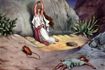 Sarja raamatullisia opettavaisia postikortteja 50-luvulla , tehty kuvataiteen jälkeen: tässä Gustave Doren "Hagar ja Ismael aavikolla" jälkeen. tekijältä Gustave Dore
