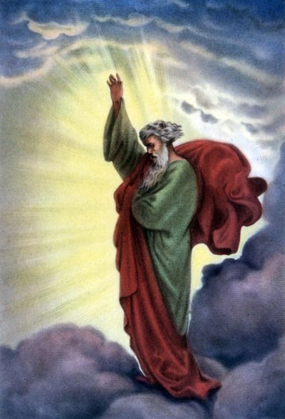 Sarja raamatullisia opettavaisia postikortteja 50-luvulla , tehty kuvataiteen jälkeen: tässä Gustave Doren "Isä Jumala" jälkeen. tekijältä Gustave Dore