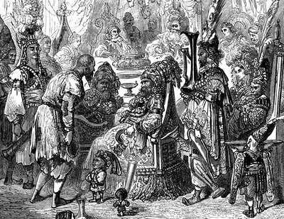 Sindbad the sailor (Sinbad) - tarina tuhannesta ja yhdestä (1001) yöstä - Gustave Doren kuvitus (yksityiskohta) - Maxwellin painos 1865 - Prologi: köyhä kantaja (Hinbad) ilmestyy Sindbadin eteen, joka on tullut vanhaksi ja rikkaaksi. Jälkimmäinen kertoo hä tekijältä Gustave Dore