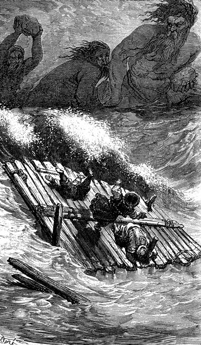 Sindbad the sailor (Sinbad) - tarina tuhannesta ja yhdestä (1001) yöstä - Gustave Doren kuvitus - Maxwellin painos 1865 - Kolmas matka: Sindbad ja hänen seuralaisensa lähtevät lauttaan, ja jättiläiset jahtaavat heitä ja heittelevät heitä valtavilla kivillä tekijältä Gustave Dore