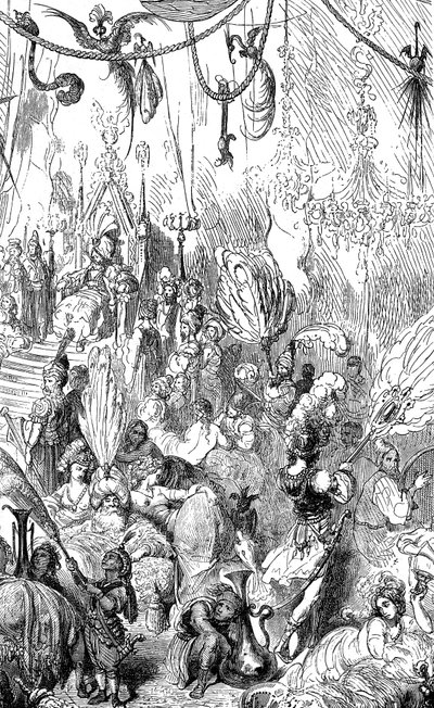 Sindbad the sailor (Sinbad) - tarina tuhannesta ja yhdestä (1001) yöstä - Gustave Doren kuvitus - Maxwellin painos 1865 - kuudes matka - tämä kaiverrus voi esittää Serendibin kuninkaan hovia tai kalifi Haroun al-Rashidin (Harun al-Rashid) hovia. tekijältä Gustave Dore